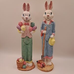 ​Vintage Style Resin Easter Bunny Figurine Set - 7" Tall Faux Wood Carved Look
